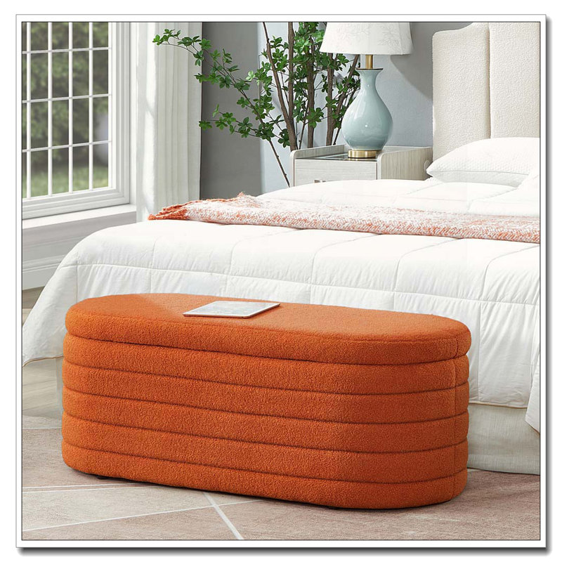 Banc de rangement rembourré ovale en tissu, Orange