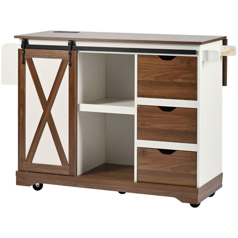 55.5" Kitchen Island With Drop Leaf, Barn Door, Adjustable Shelf, And Power Outlet For Storage Island, Outlet, Towel Rack, Dining Room Mobility,
