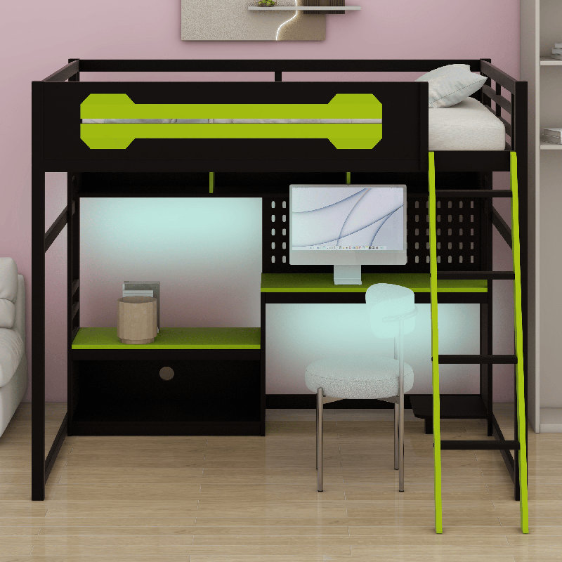 Wood Loft Bed With Desk, Black/Green