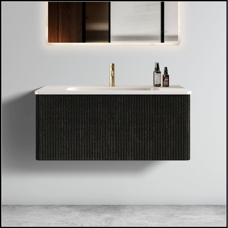 Meuble-lavabo flottant rayé en chêne noir brossé de 36 pouces avec lavabo en céramique blanche, pré-assemblé pour les salles de bain modernes