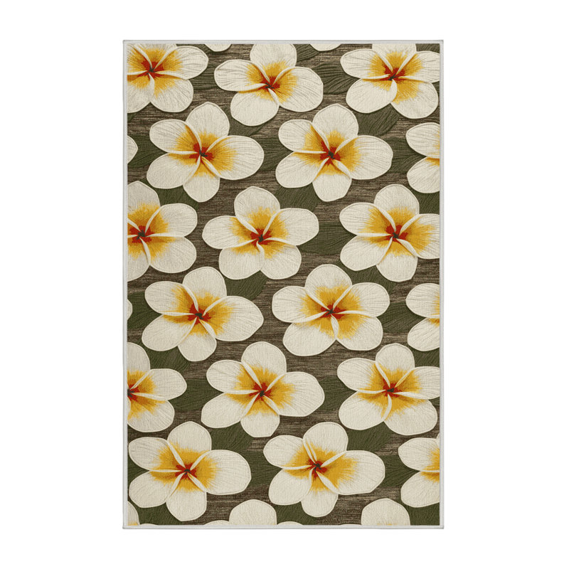 Machine Washable Botanical Beige Area Rug, Rectangle 6' x 9'