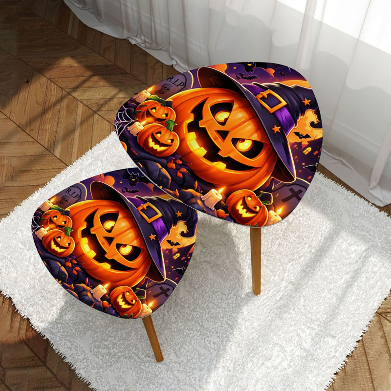 Ensemble de 2 tables basses gigognes triangulaires modernes, motif citrouilles et chauves-souris d'Halloween, style fantaisiste et effrayant, style milieu du siècle, petites tables d'appoint pour salon, chambre, appartement, décoration intérieure