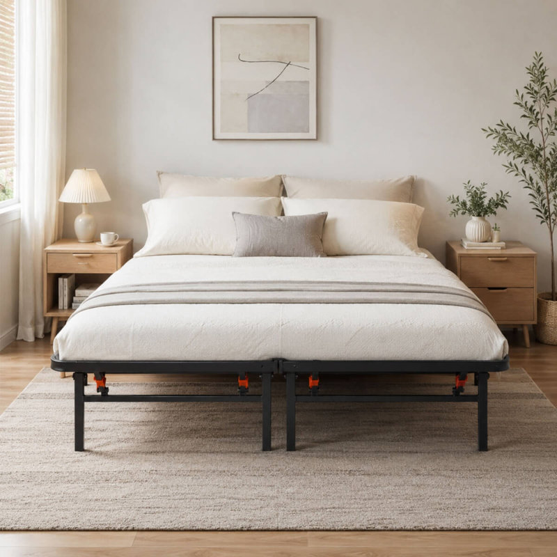 Cadre de lit plateforme en métal robuste et pliable pour lit double, Double