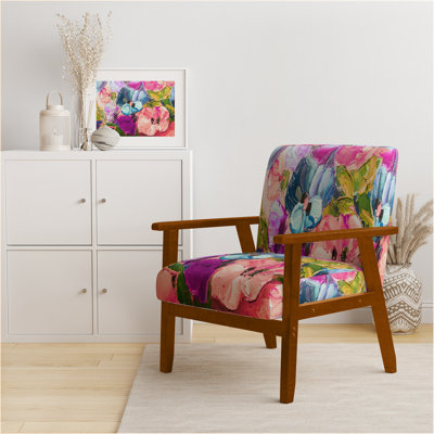 Idona - Colorful Pink Purple Flowers - Velvet Upholstered Traditional Accent Arm Chair