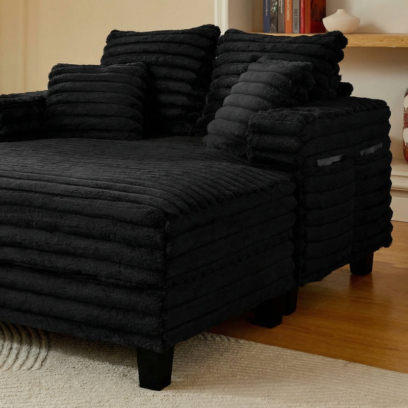 Chaise Lounge Chair Indoor,  64" Oversized Sleeper Chair With Wood Frame, Upholstered Sofa Bed For Living Room, Movie Room, Bedroom With 4 Storage Pockets& 2 Cup Holders(plush Corduroy, Black)