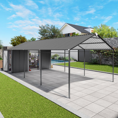 12x25 FT Galvanized Steel Carport with 12x20 FT Car Shelter & 12x5 FT Storage Shed, Heavy Duty Waterproof Snow Load Resistant Outdoor Garage for Car, Truck, Boat & Garden Tools, Grey