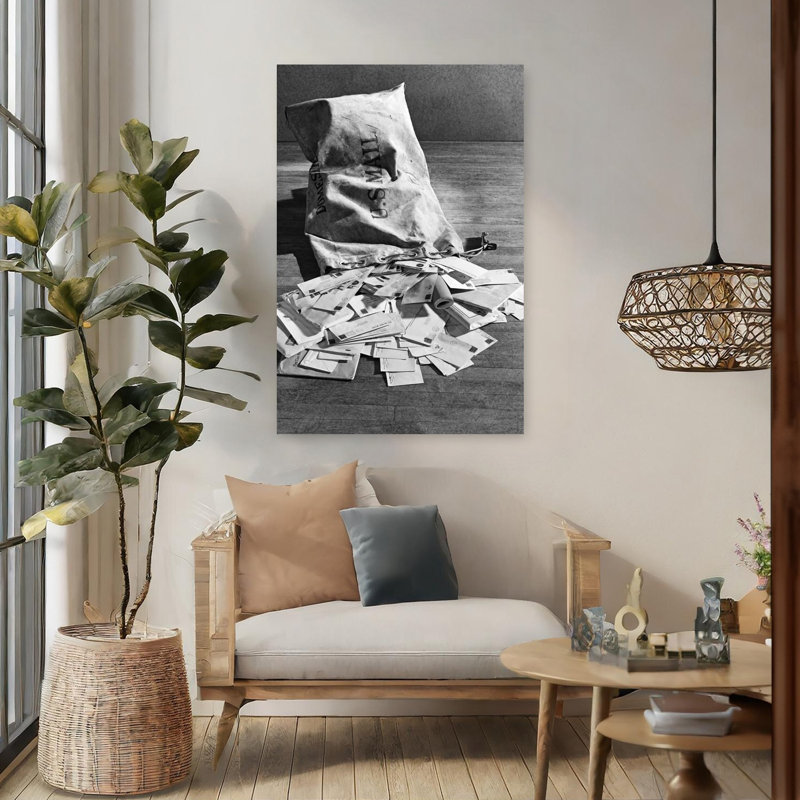 1940S Nature morte de sac de courrier complet débordant sur le plancher, 48" H x 32" W