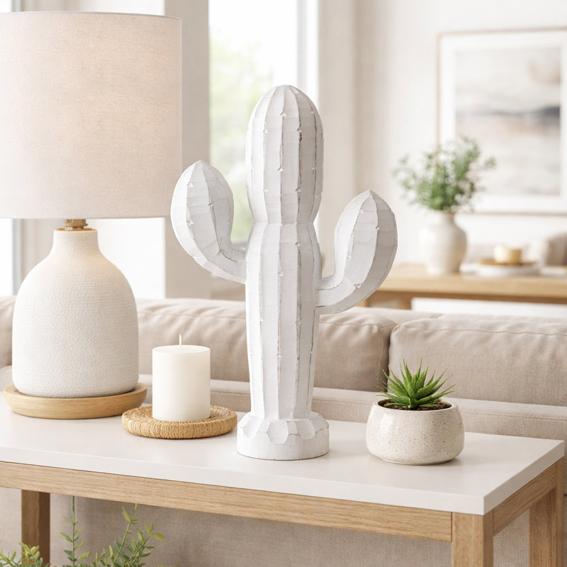 Decorative Wooden Cactus Sculpture Figurine for Home Decor - Modern Southwestern Object Accent for Table, or Living Room Decoration - White
