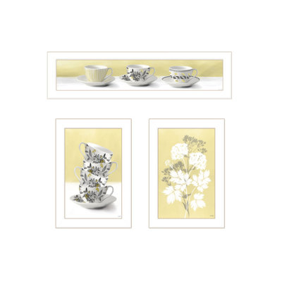 Tasse à thé et fleurs jaunes, ensemble de 3 vignettes encadrées pour décor de salon par House Fenway