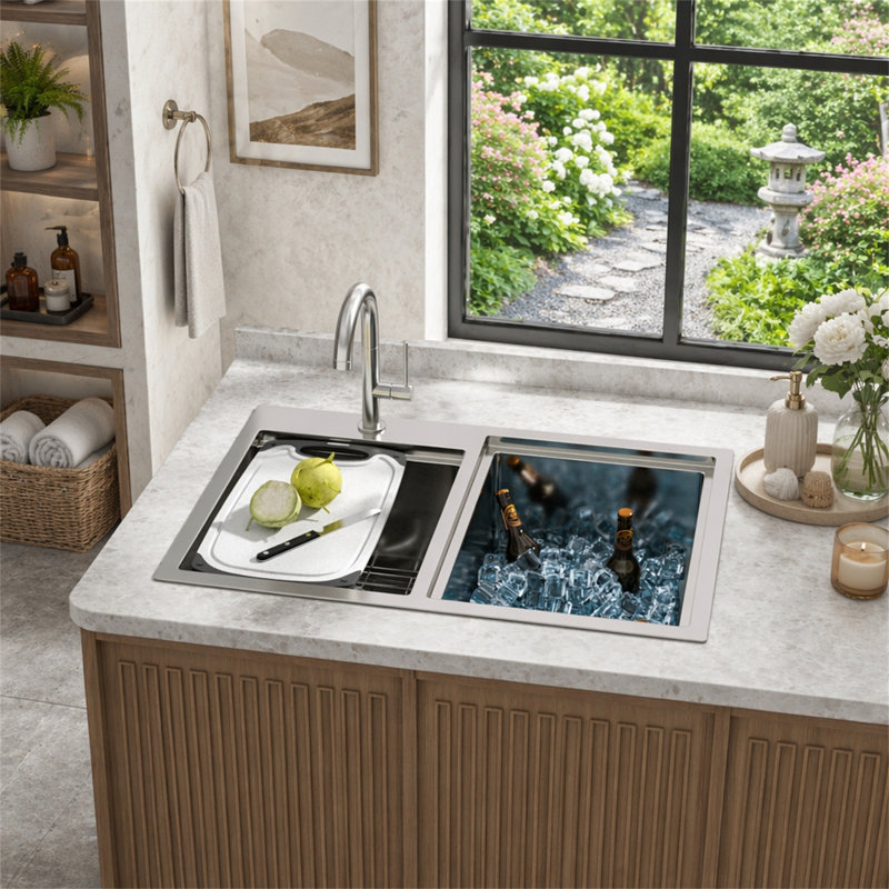 Lavabo d'extérieur à double cuve encastré en acier inoxydable avec poste de travail