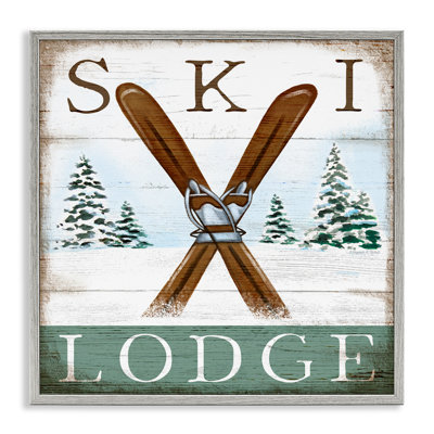 Ski Lodge Rustic Cabin Sign Snowy Tree Forest Framed Giclee Texturized Art By Elizabeth Tyndall