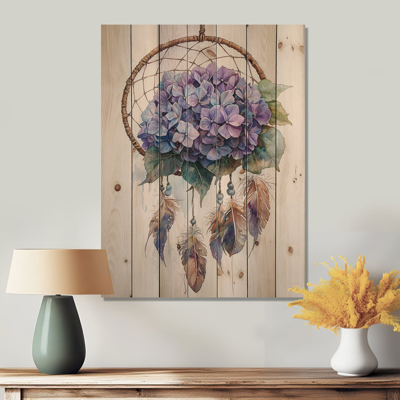 Hydrangea Dreamcatcher II - décoration murale en bois d'hortensia - sur bois de pin naturel, H 40 po x l 30 po x P 0,78 po