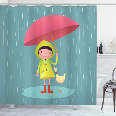Latitude Run Rain Shower Curtain Girl with Duck Friend Multicolor