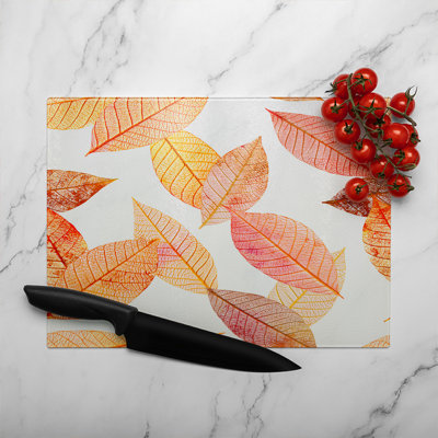 Autumn Toned Skeleton Leaves Glass Chopping Board