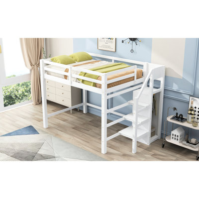 White Full Size Loft Bed With Integrated Storage And Staircase - Pine Wood Structure For Bedroom Area Wardrobe Strong Frame