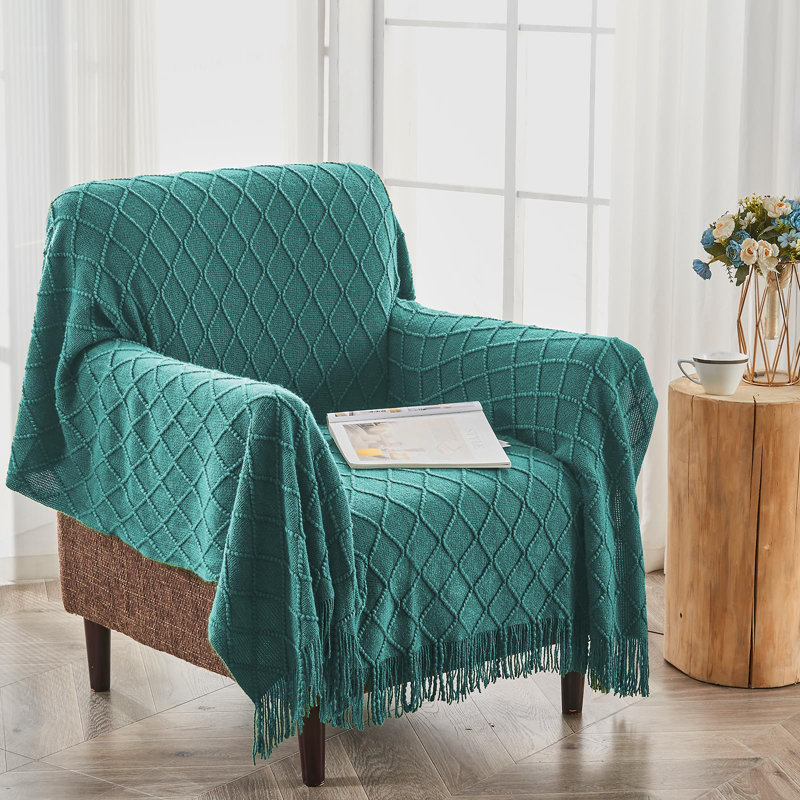 Knitted Blanket with Tassel Trim, Blue