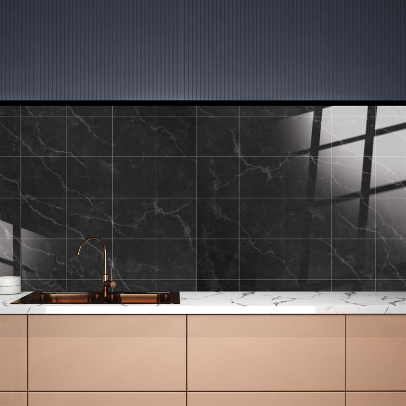 Caela Black Ink Marble Stone Tile Sticker 15.24cm W x 15.24cm L PVC