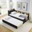 Lit de jour simple à hauteur ajustable en velours avec tête de lit à rangement et chargement sans fil, lit de jour multifonctionnel avec lit gigogne et lumières DEL, noir