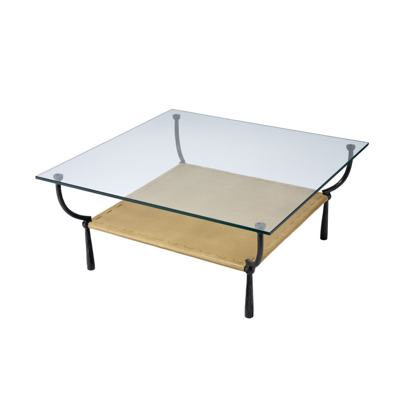 Doris 39" Black Glass Coffee Table with Leather Shelf