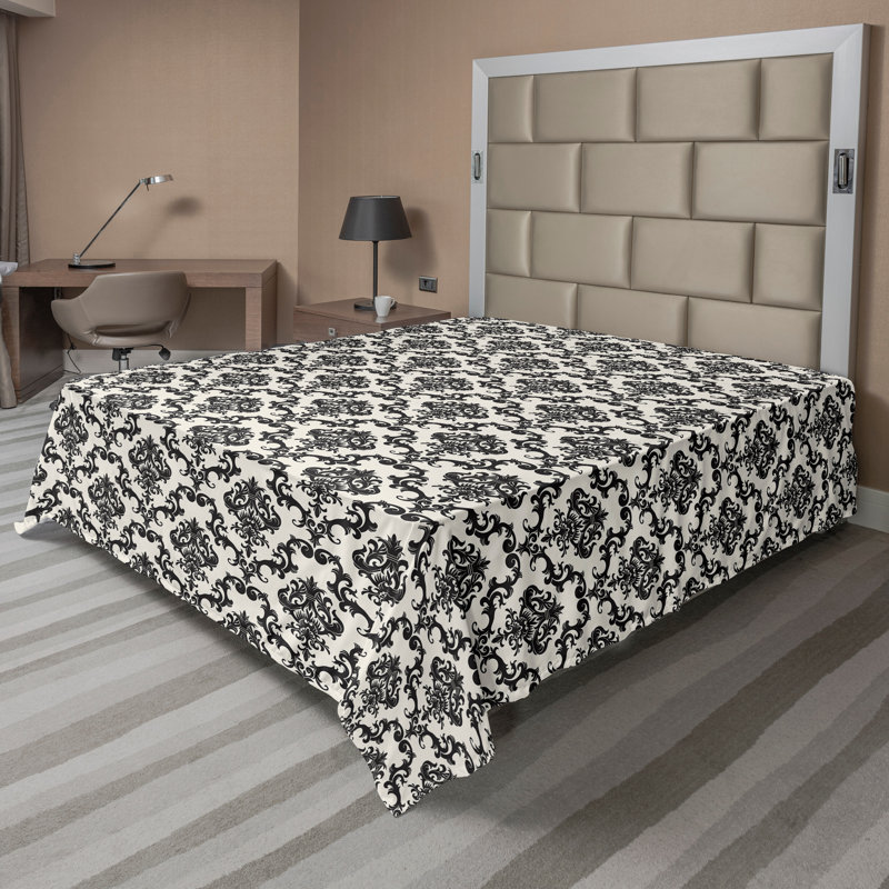 Ambesonne Top Flat Sheet Curving Art, Beige Black Damask, California King Flat Sheet