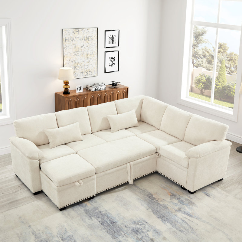 Canapé modulaire en chenille beige avec 7 sièges, rangement, 97 po pour utilisation à la maison