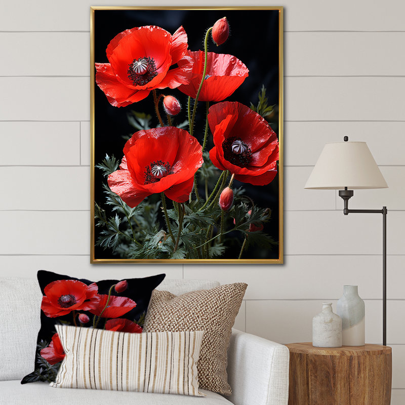 Cascade de Reds Dynamic Poppy Scene II - coquelicots, art mural, H 44 po x l 34 po x P 1,5 po, Cadre photo argenté