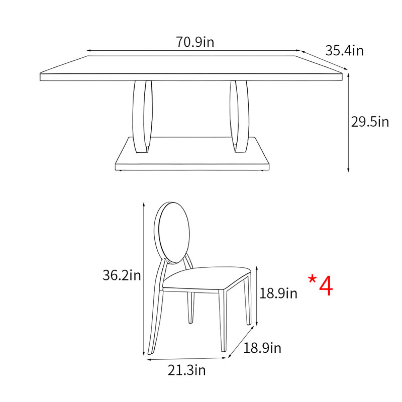 Light luxury rectangular home dining table sets, 29.5"H x 70.9"L x 35.4"W