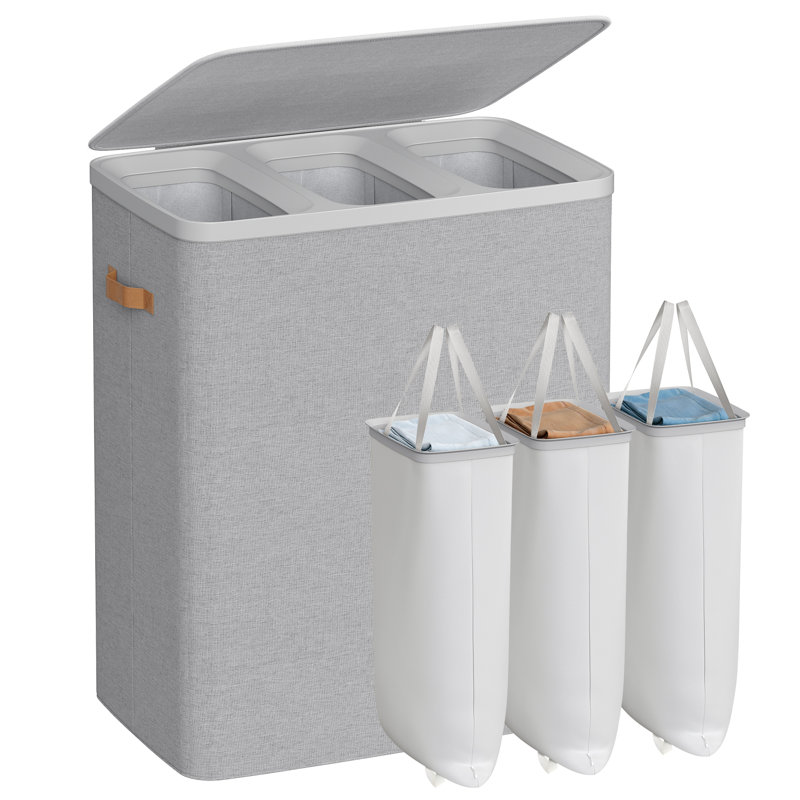 Large Laundry Hamper, 3-Compartment Basket With Removable Liners, Easy Assembly Basket For Bedroom, Handles, Dove Grey
