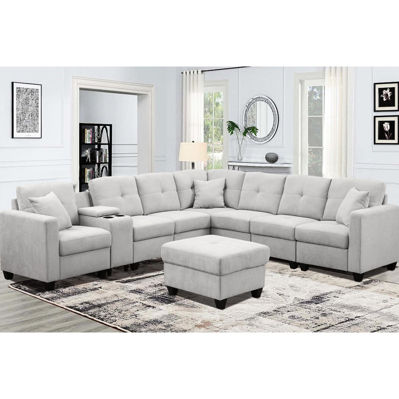 Canapé modulaire à 7 places en gris, microfibre veloutée, conception en peau, deux porte-gobelets et structure en bois massif, tissu en velours doux, coussins à haute densité, utilisation prolongée, supports, support