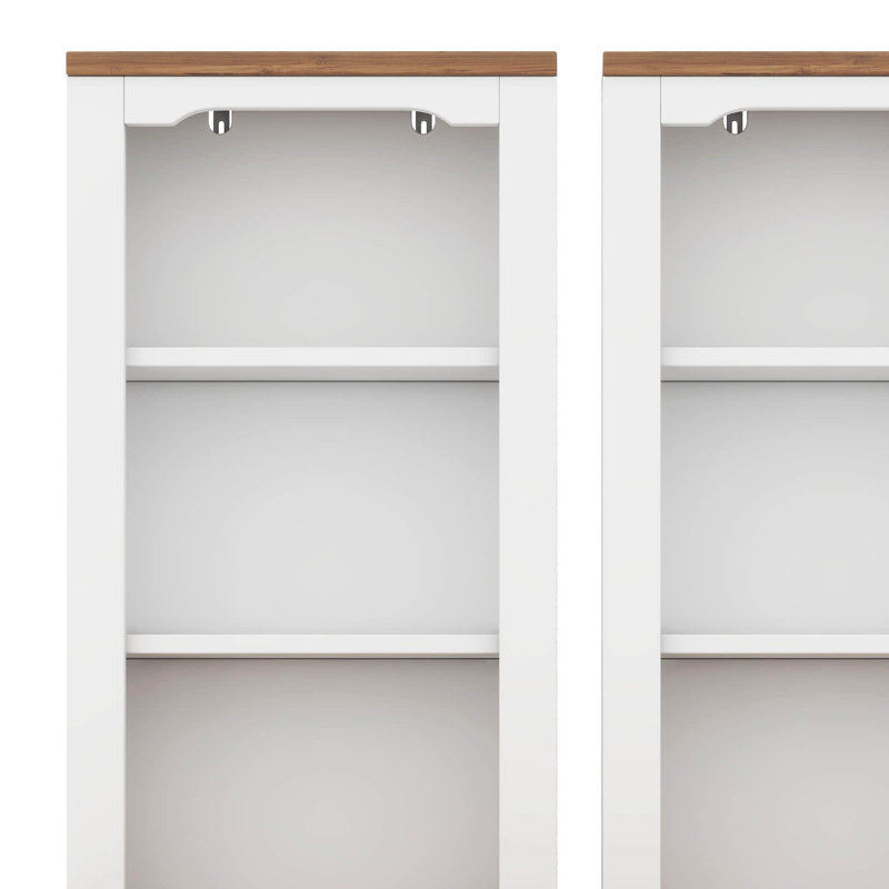 2-Piece Tall Freestanding Cabinet Set With Walnut Top, Open Storage, Display Bookcase With Anti-Tip Device, White