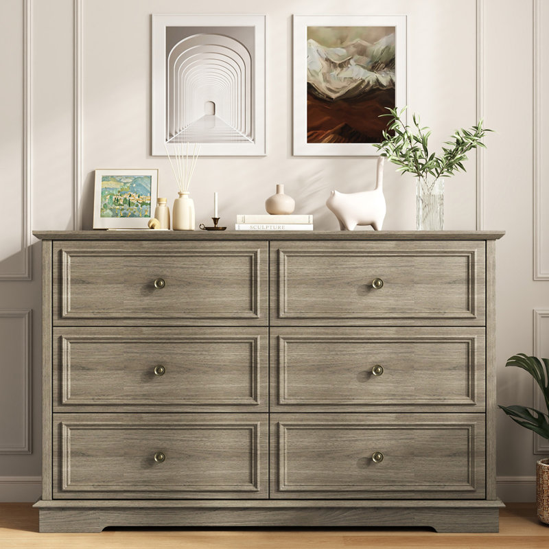 Commode double 6 tiroirs l 47,2 po Valera, Chêne gris