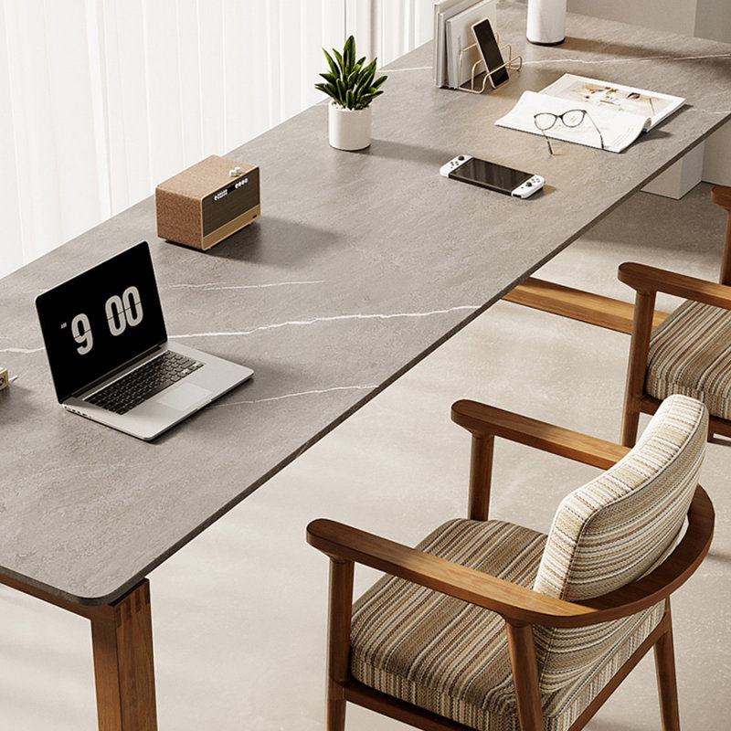 Bureau brun en pierre frittée rectangulaire et bois massif, H 29,53 po x l 62,99 po x P 23,62 po