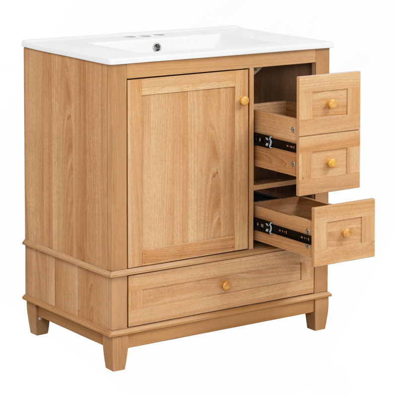 Meuble-lavabo de 30 po avec lavabo en céramique, armoire de salle de bain autoportante avec grain de bois naturel, pieds en bois d'hévéa massif, portes et tiroirs à fermeture en douceur, grand espace de rangement, bois naturel