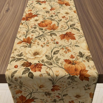 Décoration d'automne - Chemin de table vintage à motifs de citrouilles et de fleurs d'automne
