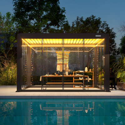 Flexpatio Power+ Pro Motorized Pergola Outdoor Louvred Pergola With 4-Side Sliding Glass Doors