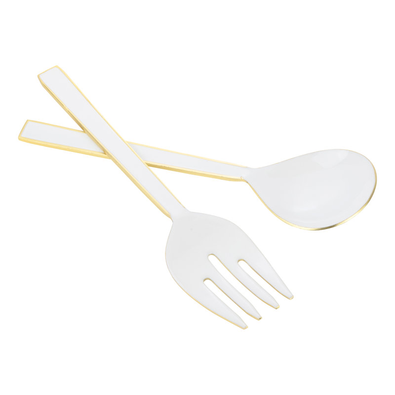 S/2 White Salad Server With Gold Rim And Back