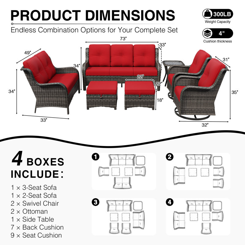 Ensemble de conversation de patio en osier 7 pièces avec fauteuil pivotant 360 ° et coussins capitonnés Holoman, Red