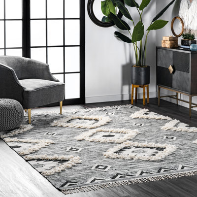 Adi Moroccan Lattice Hand-Knotted Wool Fringed Grey Area Rug