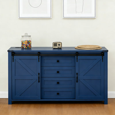 Buffet 55 po en bois de ferme avec portes de grange coulissantes et 4 tiroirs, armoire de rangement avec prise de courant