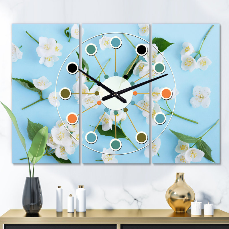 Très grande horloge murale florale jasmin Mid-Century