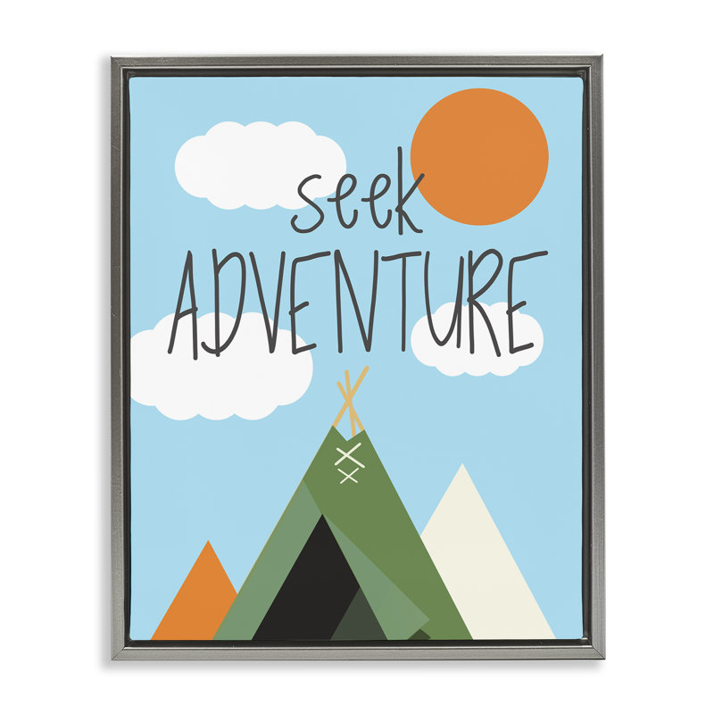 «Seek Adventure with Tent», art mural encadré sur toile flottante par SD graphiques studio, Cadre flottant gris lustré