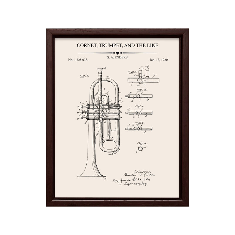 Trompette Blueprint No1, Canvas, 24"H x 32"W, Brown Framed