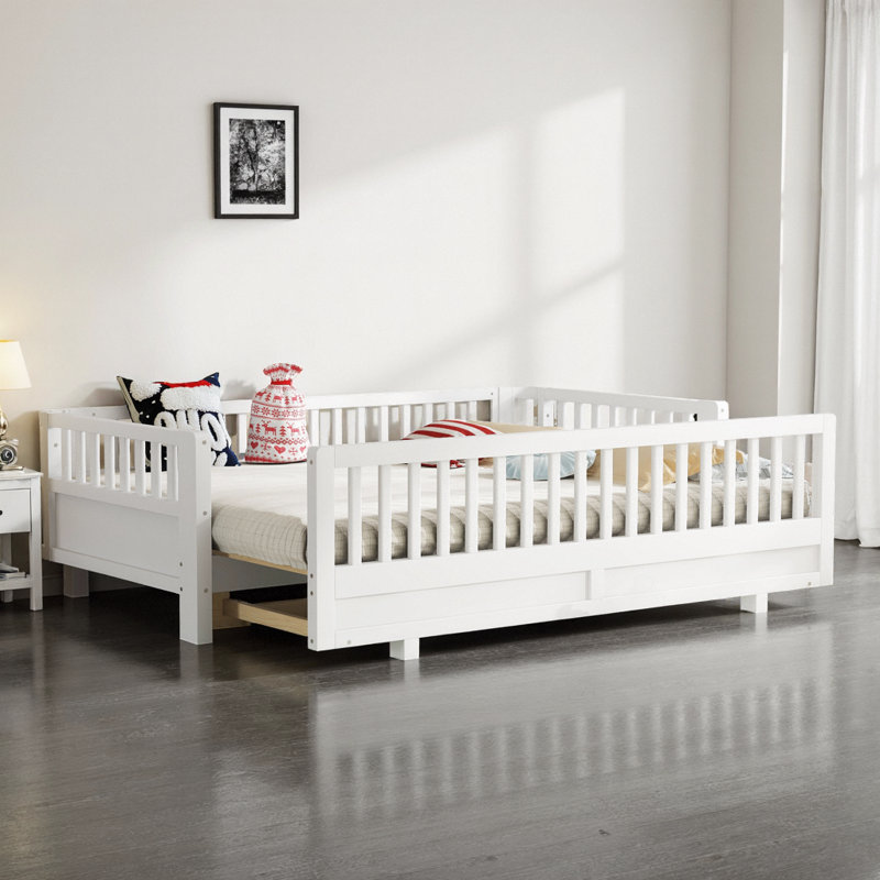 Lit plateforme simple en bois massif avec garde-corps Aaron | Convertible en grand | Assemblage facile, blanc, Blanc