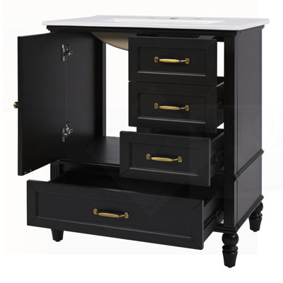 Meuble-lavabo élégant avec lavabo, armoire, trois tiroirs, pieds en bois massif, panneau de fibres à densité moyenne, patins réglables, noir