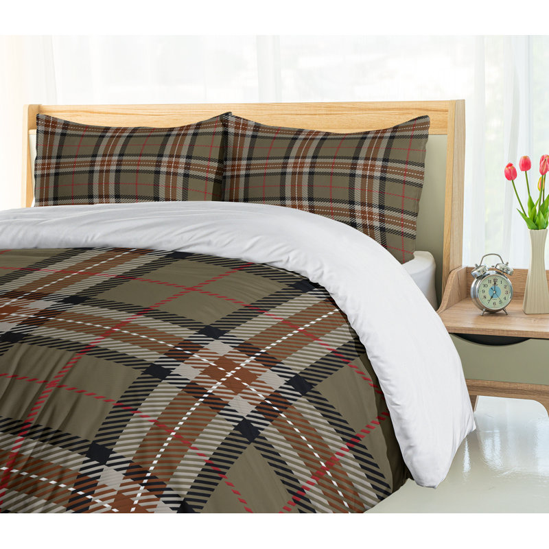 Plaid Queen Size Duvet Cover Set in Brown and Red Microfiber