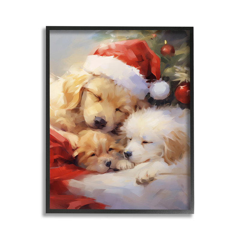 «Christmas Puppies» par Tree, estampe numérique par Enrico McGarrigle, H 14 po x l 11 po, Giclée encadrée noir minuit