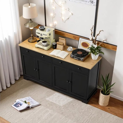 Nordic Style 55.1" Buffet Cabinet with Storage Drawers and Adjustable Shelves, Sideboard for Living Room Kitchen Dining Room, Oak/Black