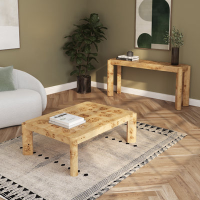 Loon Peak Jakus Maple Burl 46" Coffee Table and Vanity Desk with Hidden Drawer 49" Console Table