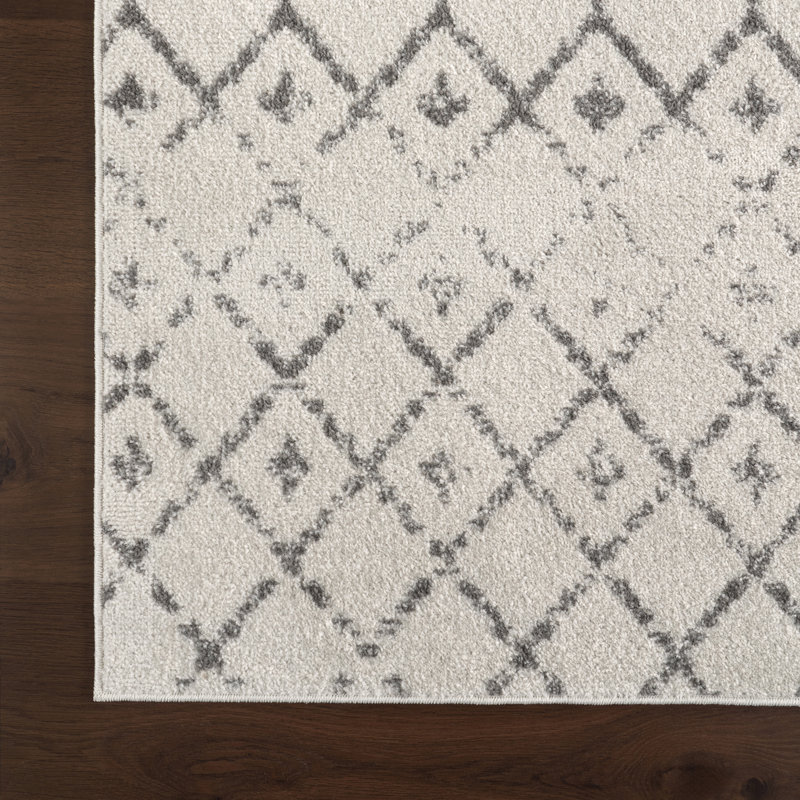 Giannini Geometric Moroccan Area Rug in Gray/ Off White, Runner 2'6" x 18'