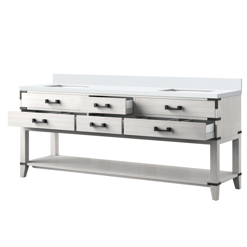 Meuble-lavabo double en chêne blanc 80 po X 22 - comptoir en marbre de culture, bois massif, fermeture en douceur, 4 tiroirs et armoire ouverte pour un magnifique rangement pour salle de bain avec dessus en P, fabrication en bois, calme